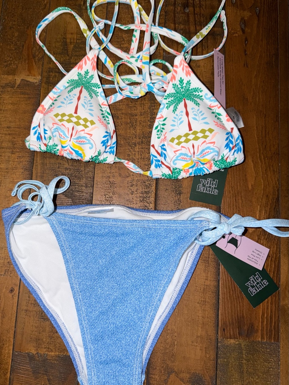 Wild Fable Floral Palm Triangle Bikini Top & Light Blue Tie-Side Bottom